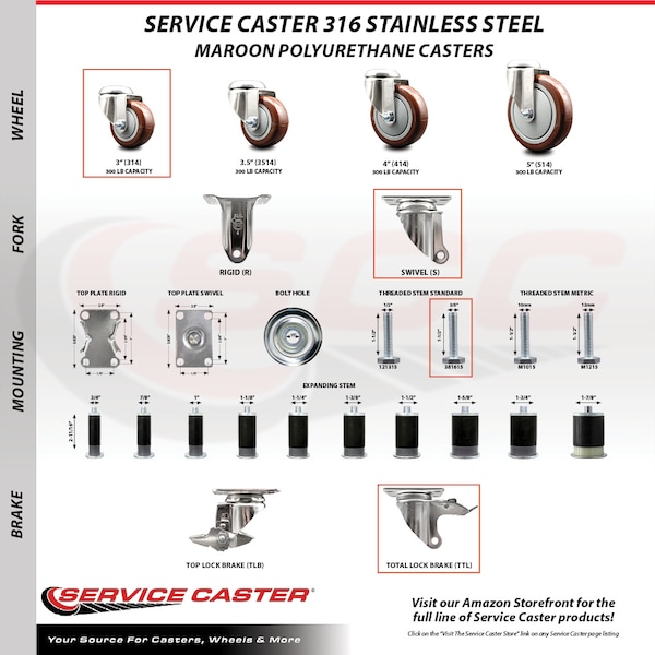 Service Caster 3 Inch 316SS Maroon Polyurethane Swivel 3/8 Inch Stem Caster Total Lock Brake SCC-SS316TSTTL20S314-PPUB-MRN-381615 - main
